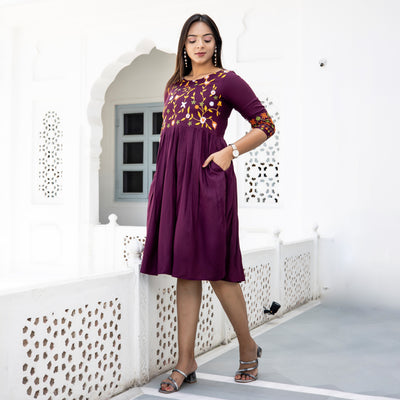 Rayon Wine Embroidered Dress with Pockets