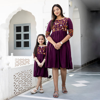 Rayon Wine Embroidered Mom and Daughter Dresses