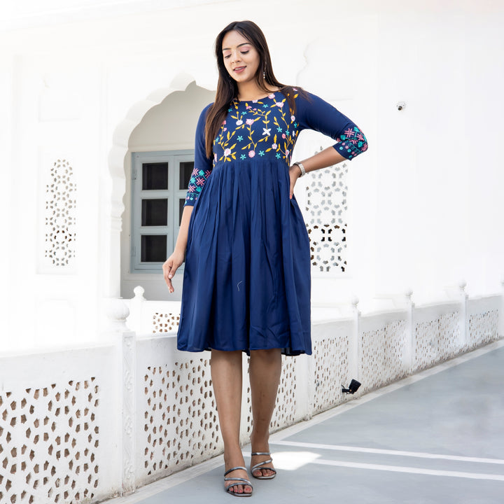 Rayon Navy Blue Embroidered Dress with Pockets