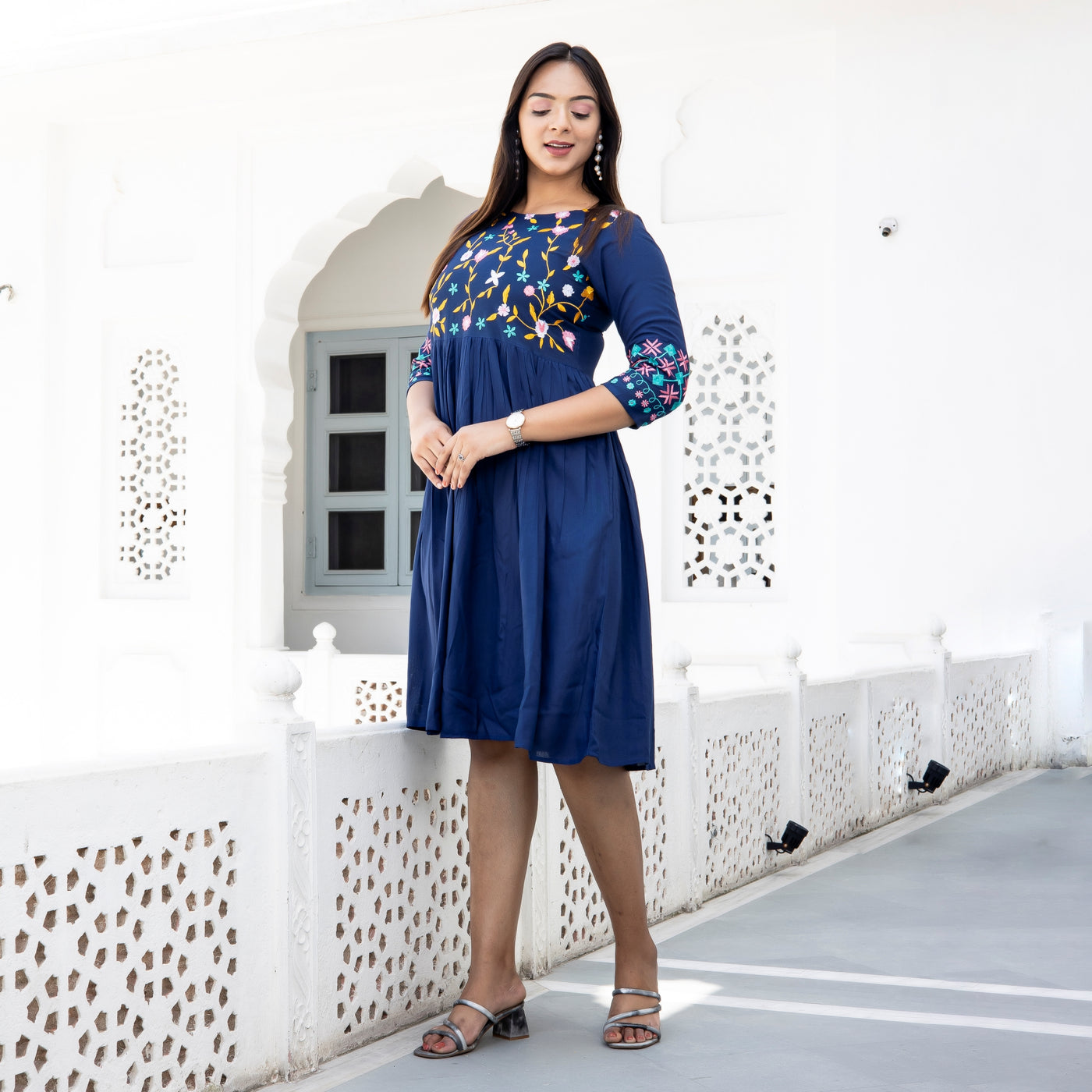 Rayon Navy Blue Embroidered Dress with Pockets