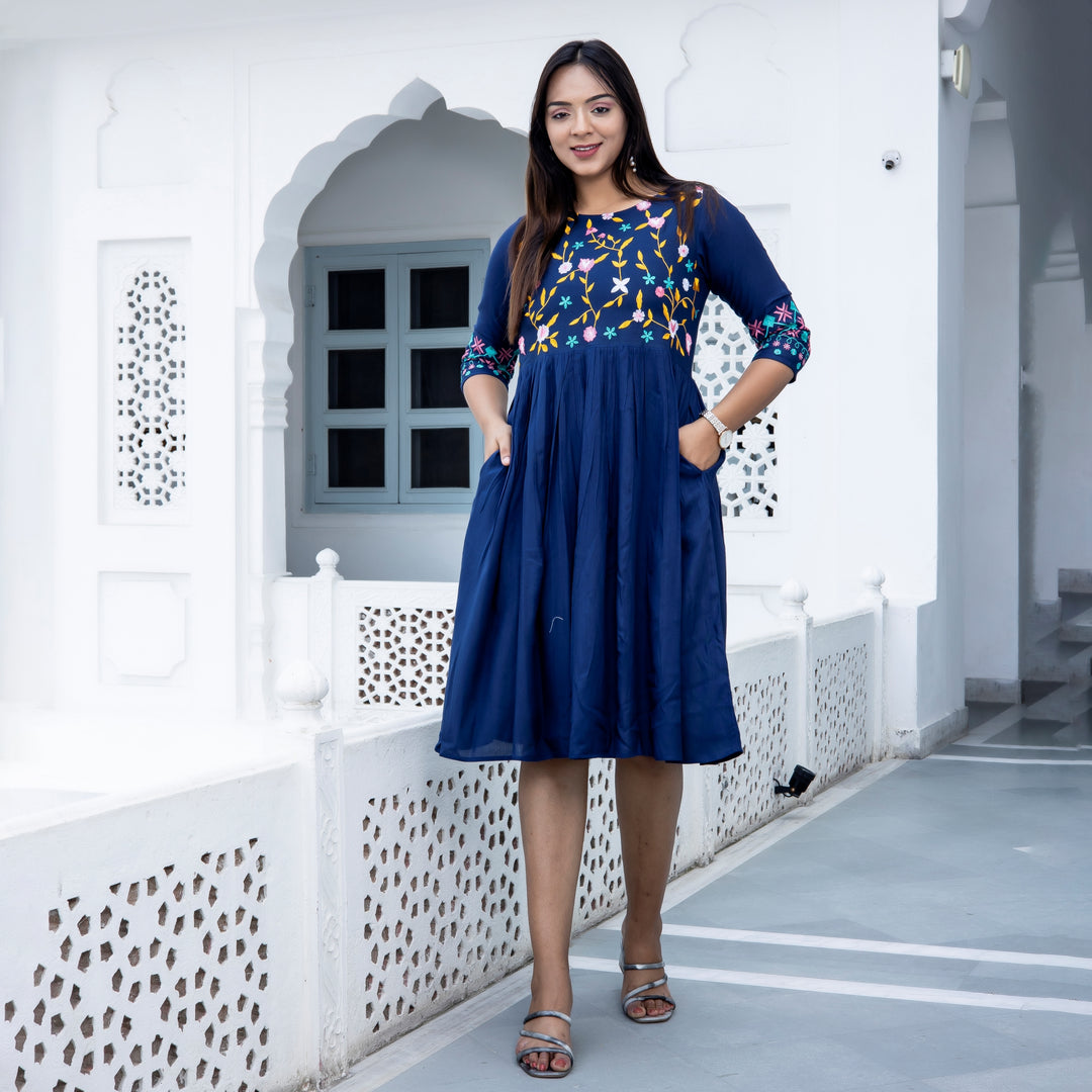 Rayon Navy Blue Embroidered Dress with Pockets