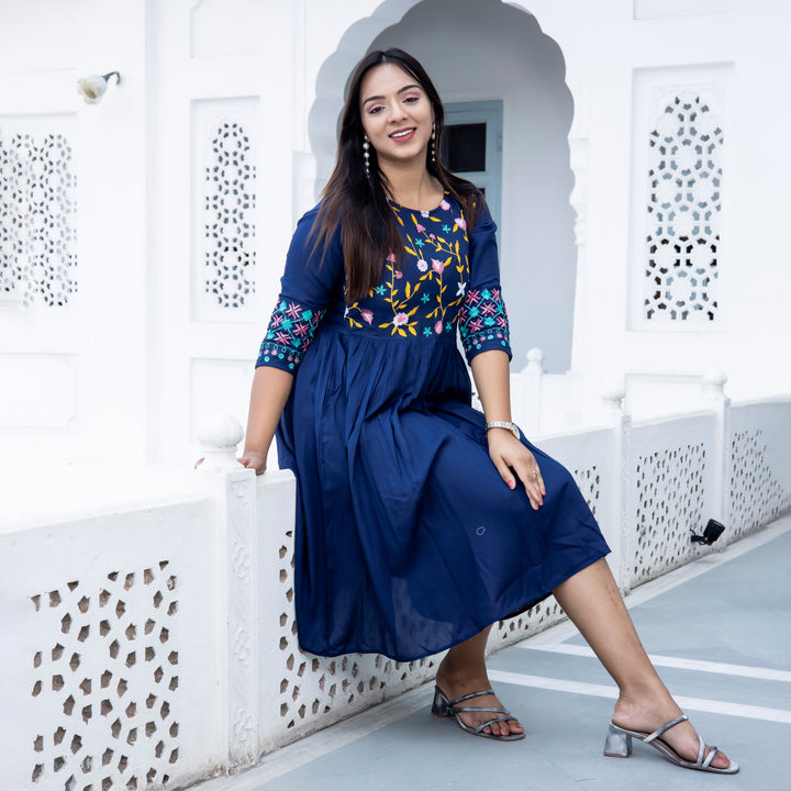 Rayon Navy Blue Embroidered Dress with Pockets