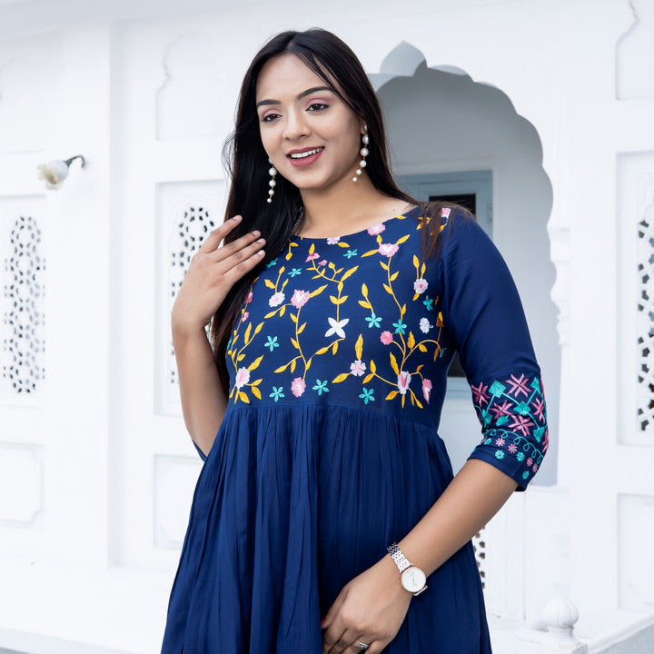 Rayon Navy Blue Embroidered Dress with Pockets