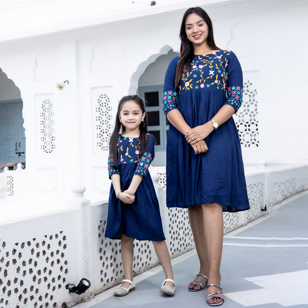 Rayon Navy Blue Embroidered Mom and Daughter Dresses