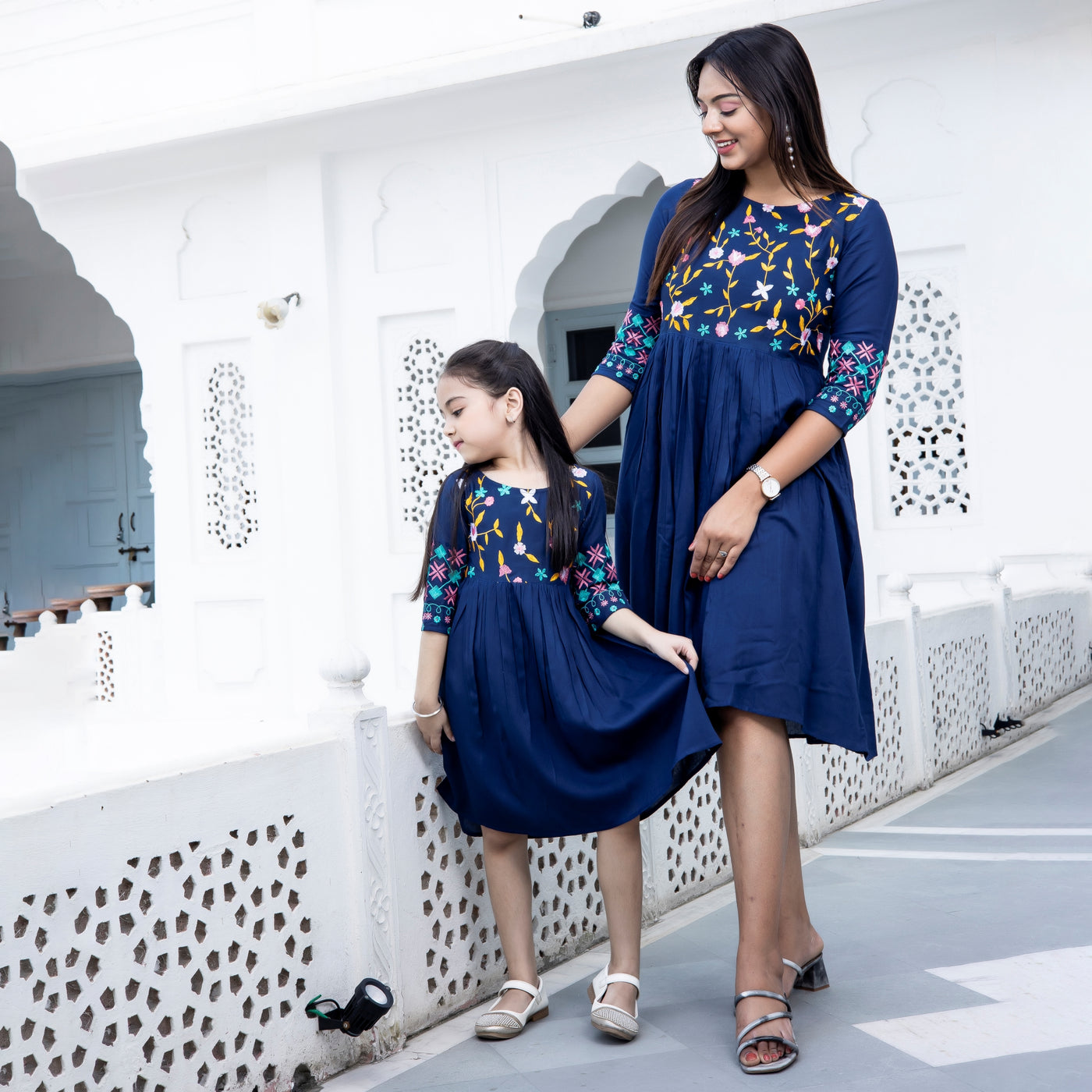 Rayon Navy Blue Embroidered Mom and Daughter Dresses