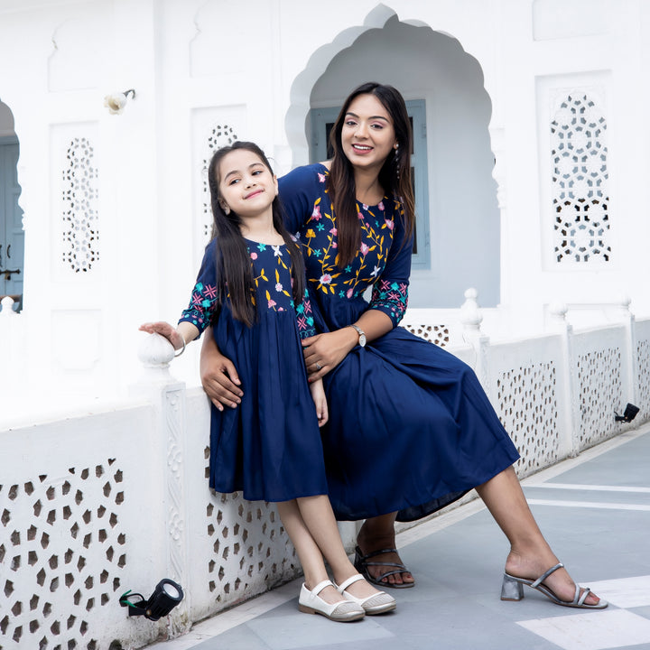 Rayon Navy Blue Embroidered Mom and Daughter Dresses