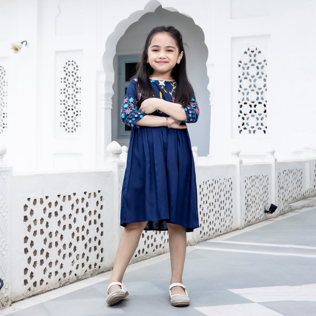 Rayon Navy Blue Embroidered Mom and Daughter Dresses