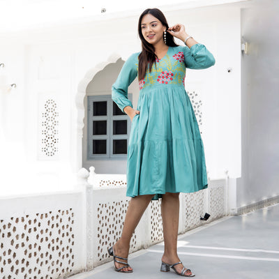 Rayon Sea Green Embroidered Tiered Dress with Pockets