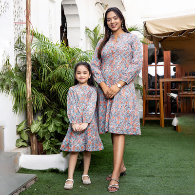 Sky Blue Floral Print Button Down Mom and Daughter Dresses