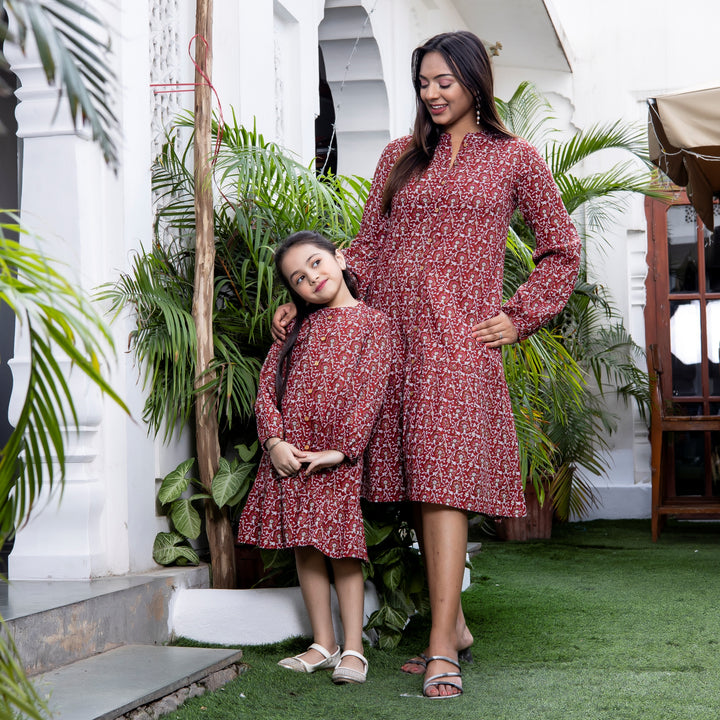 Red Floral Print Button Down Mom and Daughter Dresses