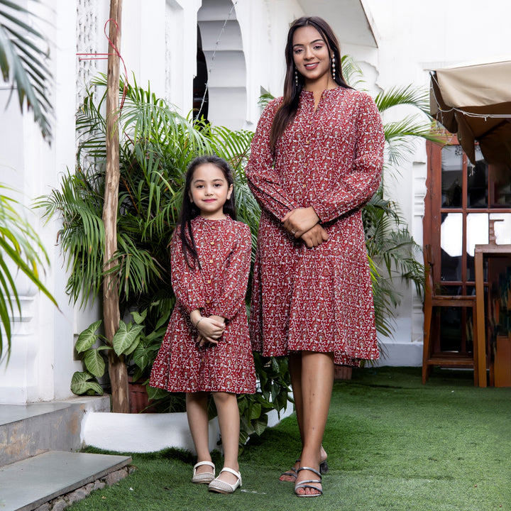 Red Floral Print Button Down Mom and Daughter Dresses