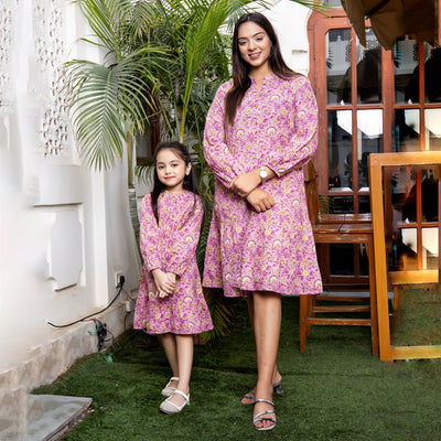 Light Pink Floral Print Button Down Mom and Daughter Dresses
