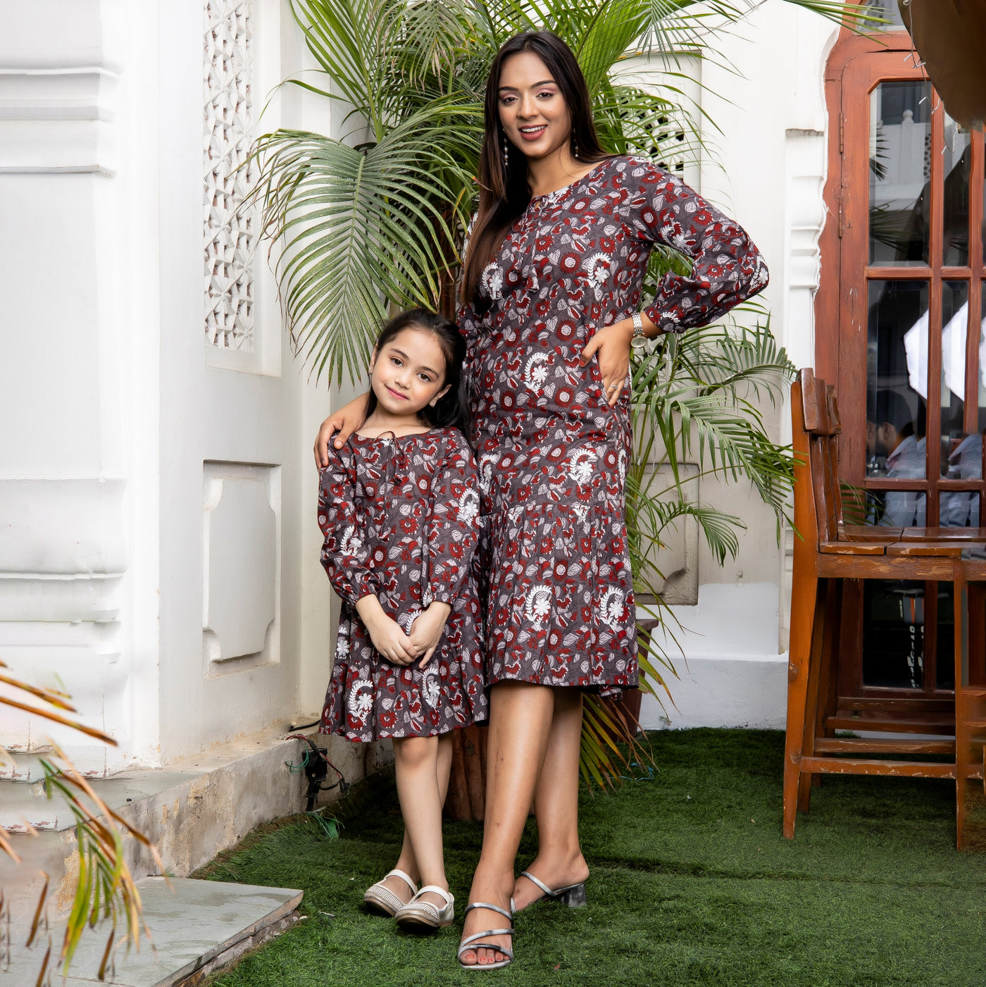Cotton Grey Floral Embroidered Mom and Daughter Dresses