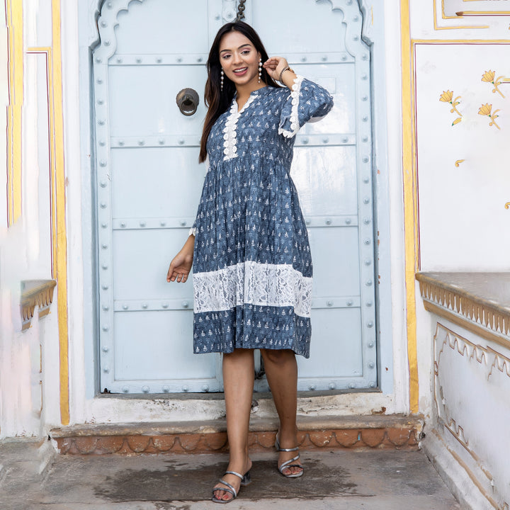 Cotton Slate Grey Net Midi Dress with Pockets