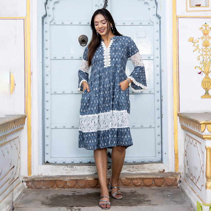 Cotton Slate Grey Net Midi Dress with Pockets