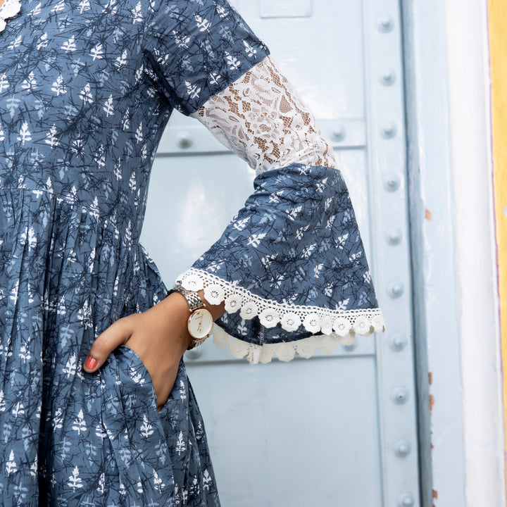 Cotton Slate Grey Net Midi Dress with Pockets