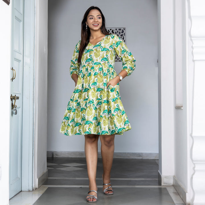 Green Duck Print Tiered Cotton Dress with pockets