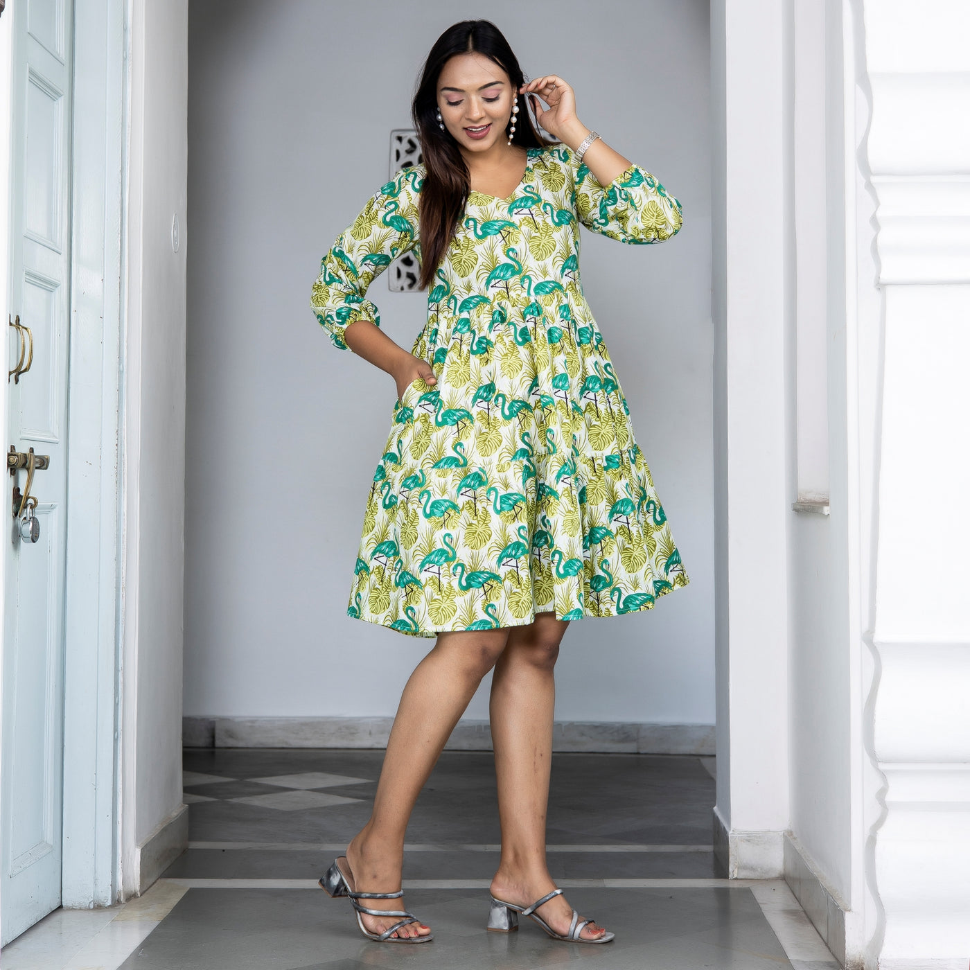 Green Duck Print Tiered Cotton Dress with pockets