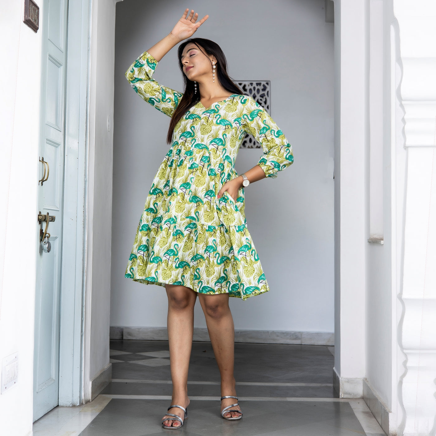 Green Duck Print Tiered Cotton Dress with pockets