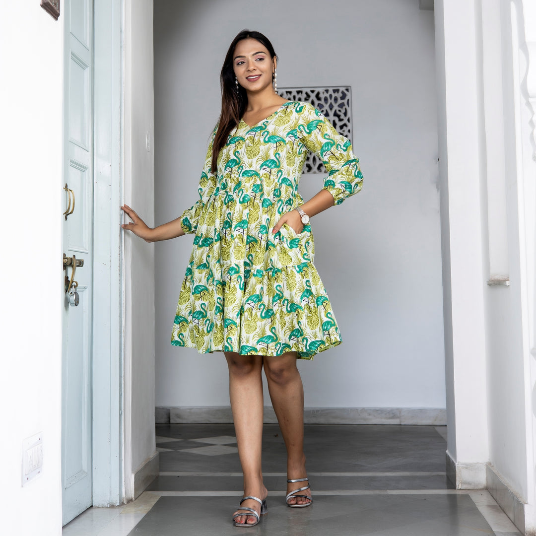 Green Duck Print Tiered Cotton Dress with pockets