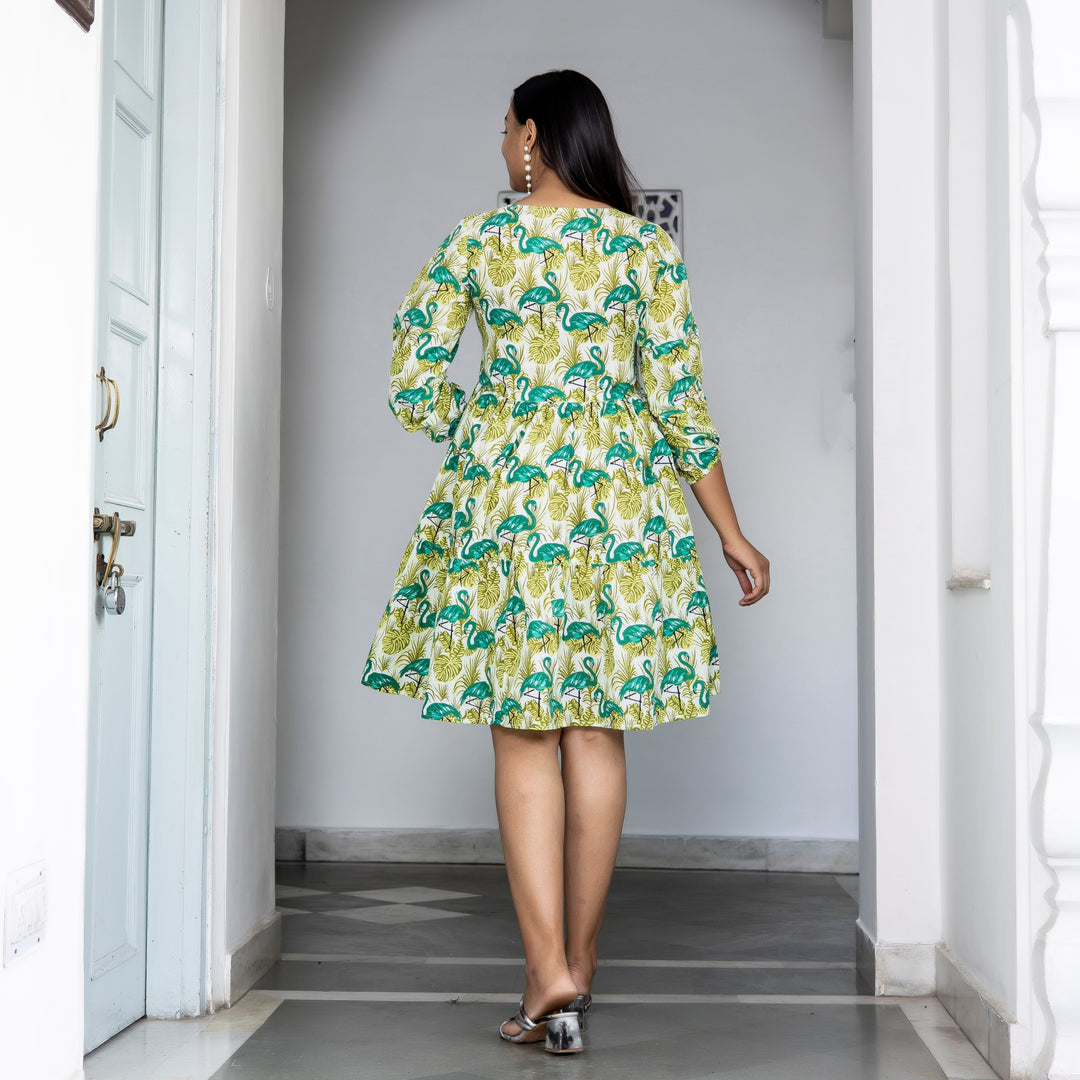 Green Duck Print Tiered Cotton Dress with pockets