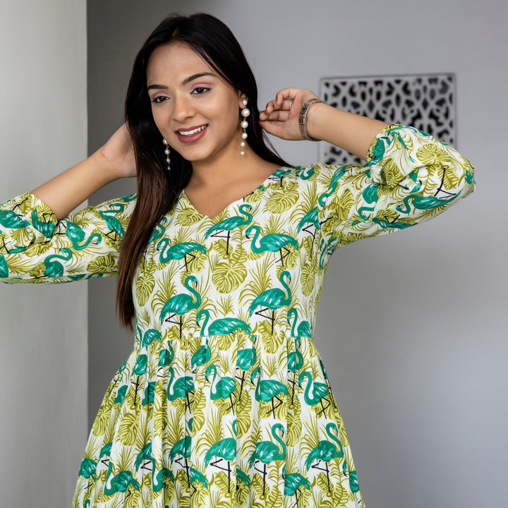 Green Duck Print Tiered Cotton Dress with pockets