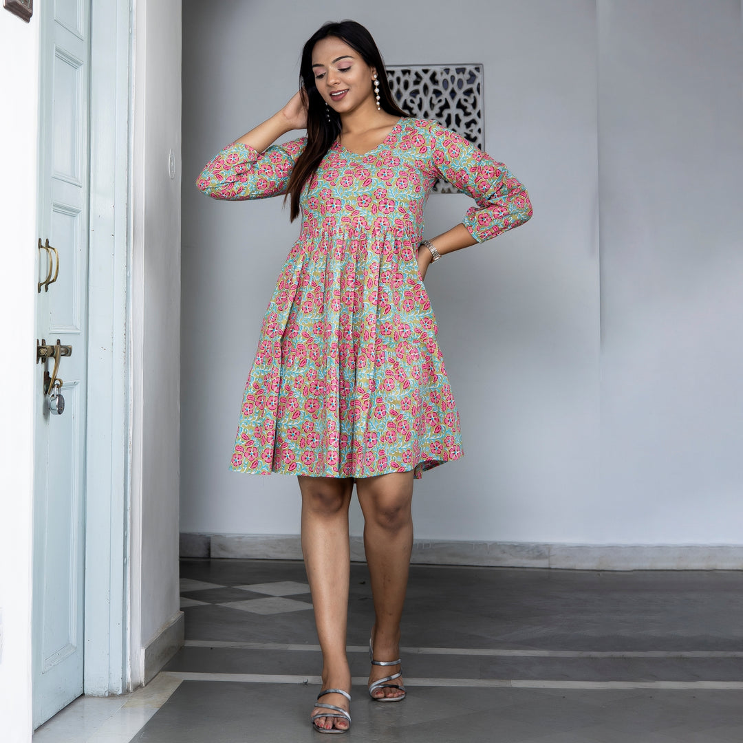 Sky Blue and Pink Floral Print Tiered Cotton Dress with pockets