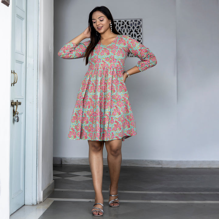 Sky Blue and Pink Floral Print Tiered Cotton Dress with pockets