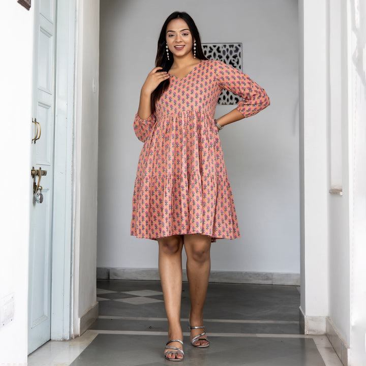 Peach Booti Tiered Cotton Dress with Pockets