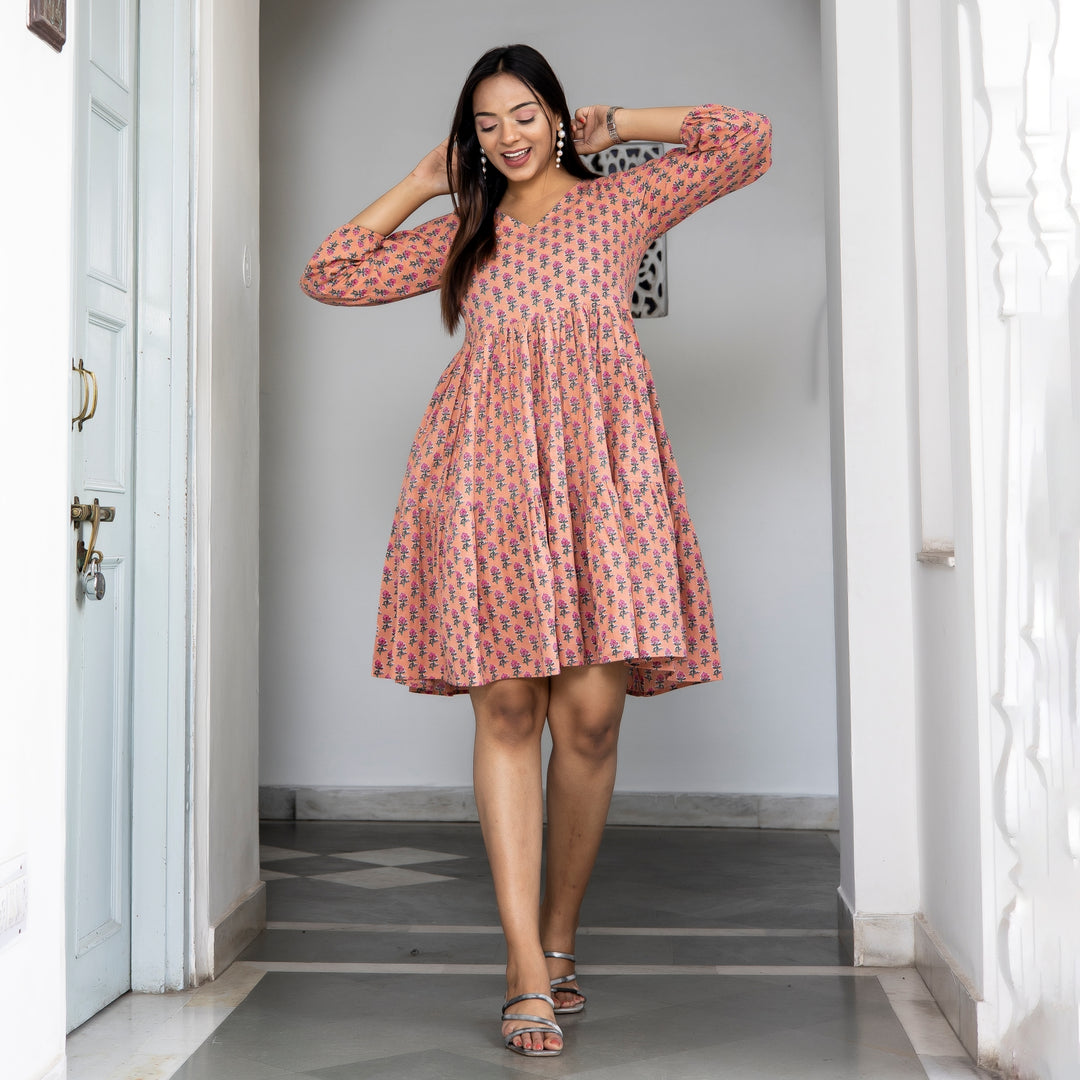 Peach Booti Tiered Cotton Dress with Pockets