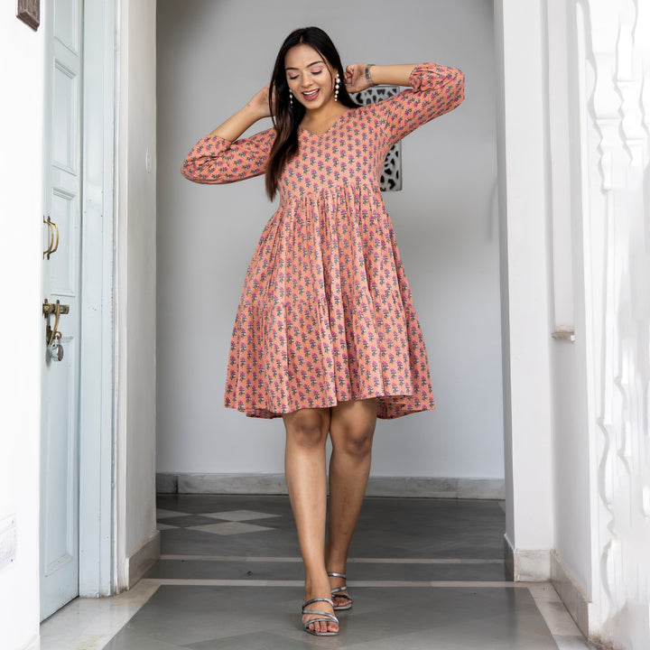 Peach Booti Tiered Cotton Dress with Pockets