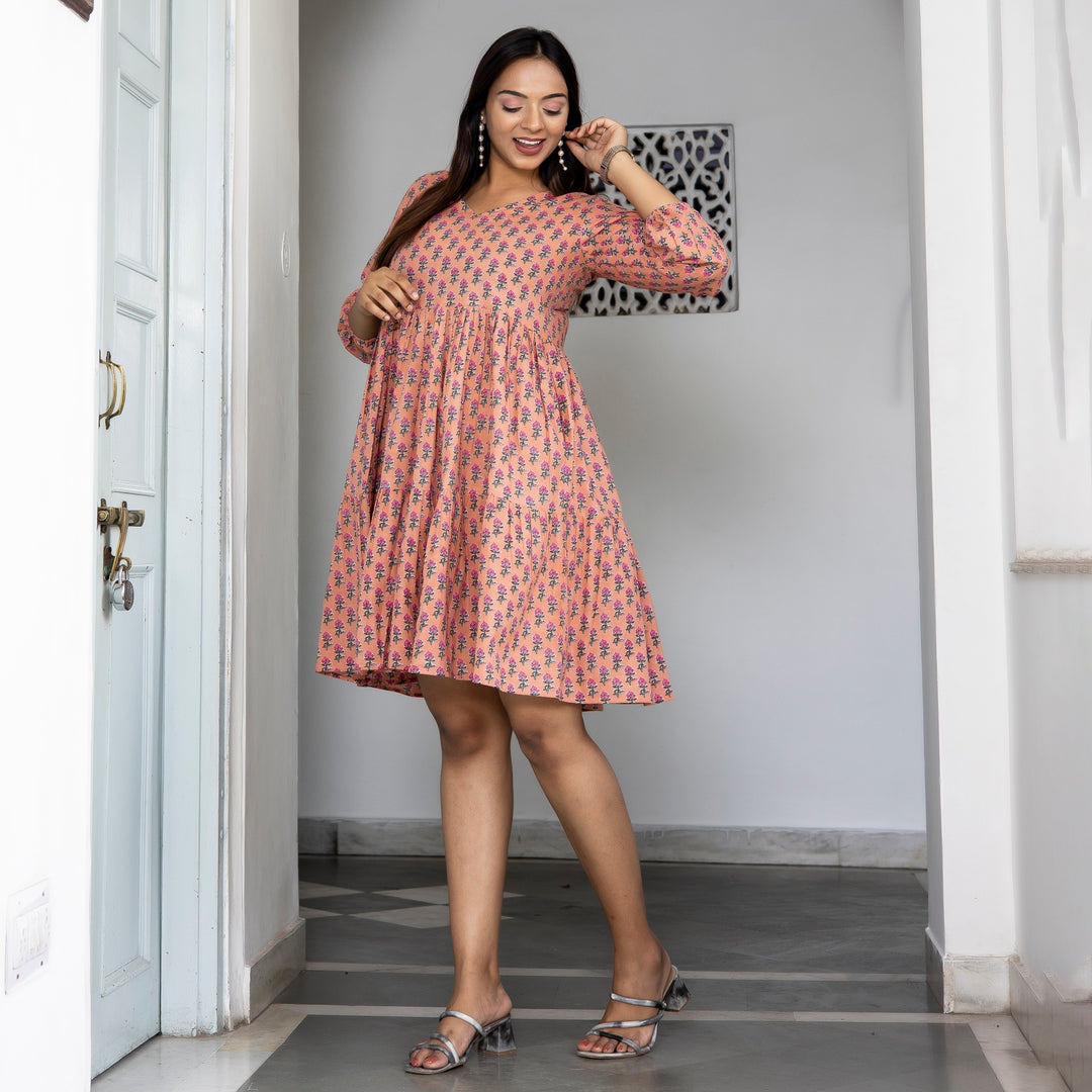 Peach Booti Tiered Cotton Dress with Pockets