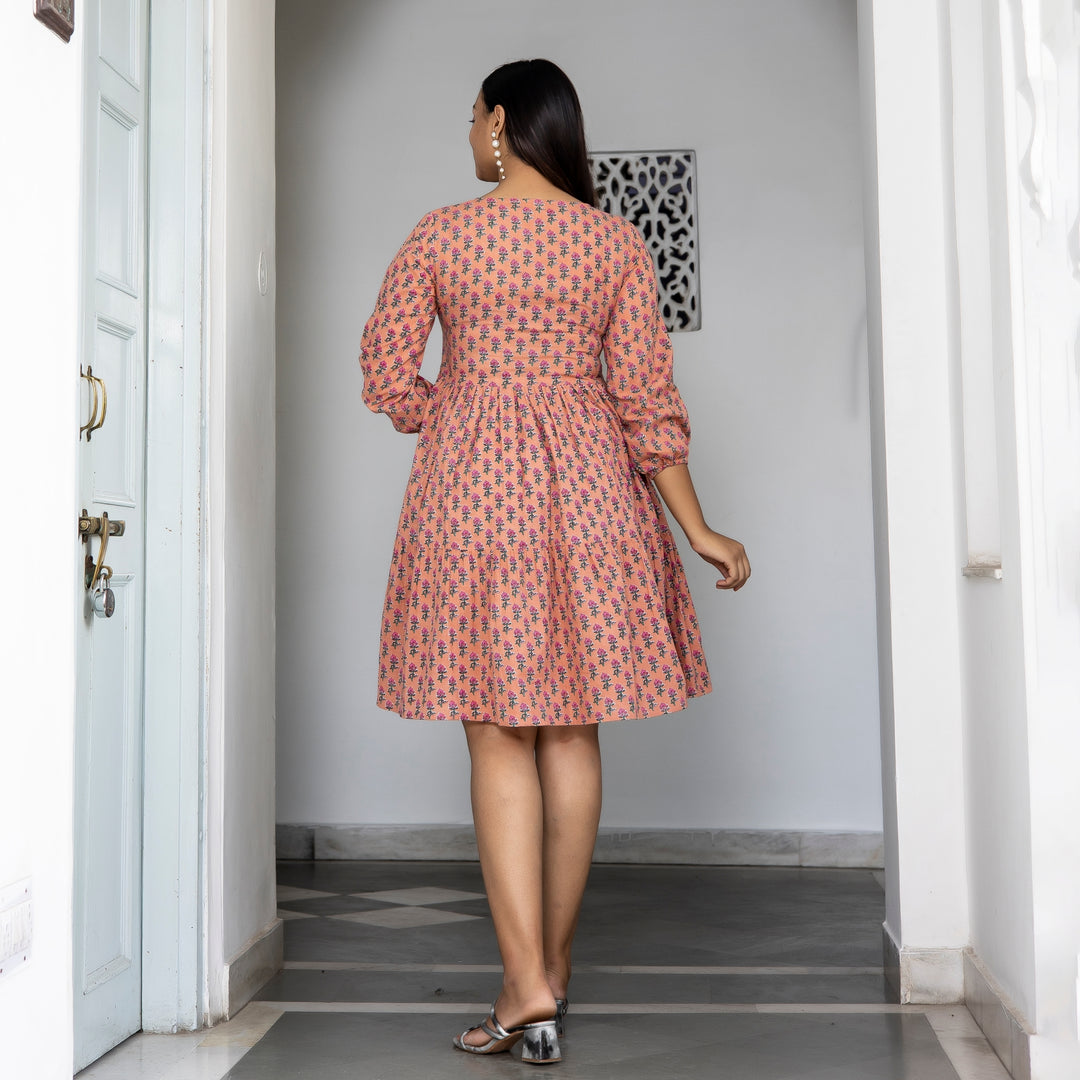 Peach Booti Tiered Cotton Dress with Pockets