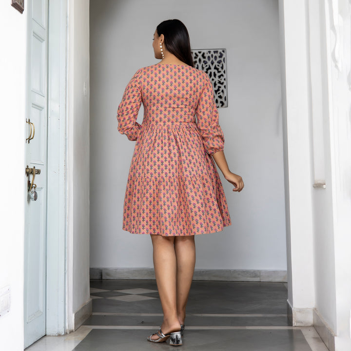 Peach Booti Tiered Cotton Dress with Pockets