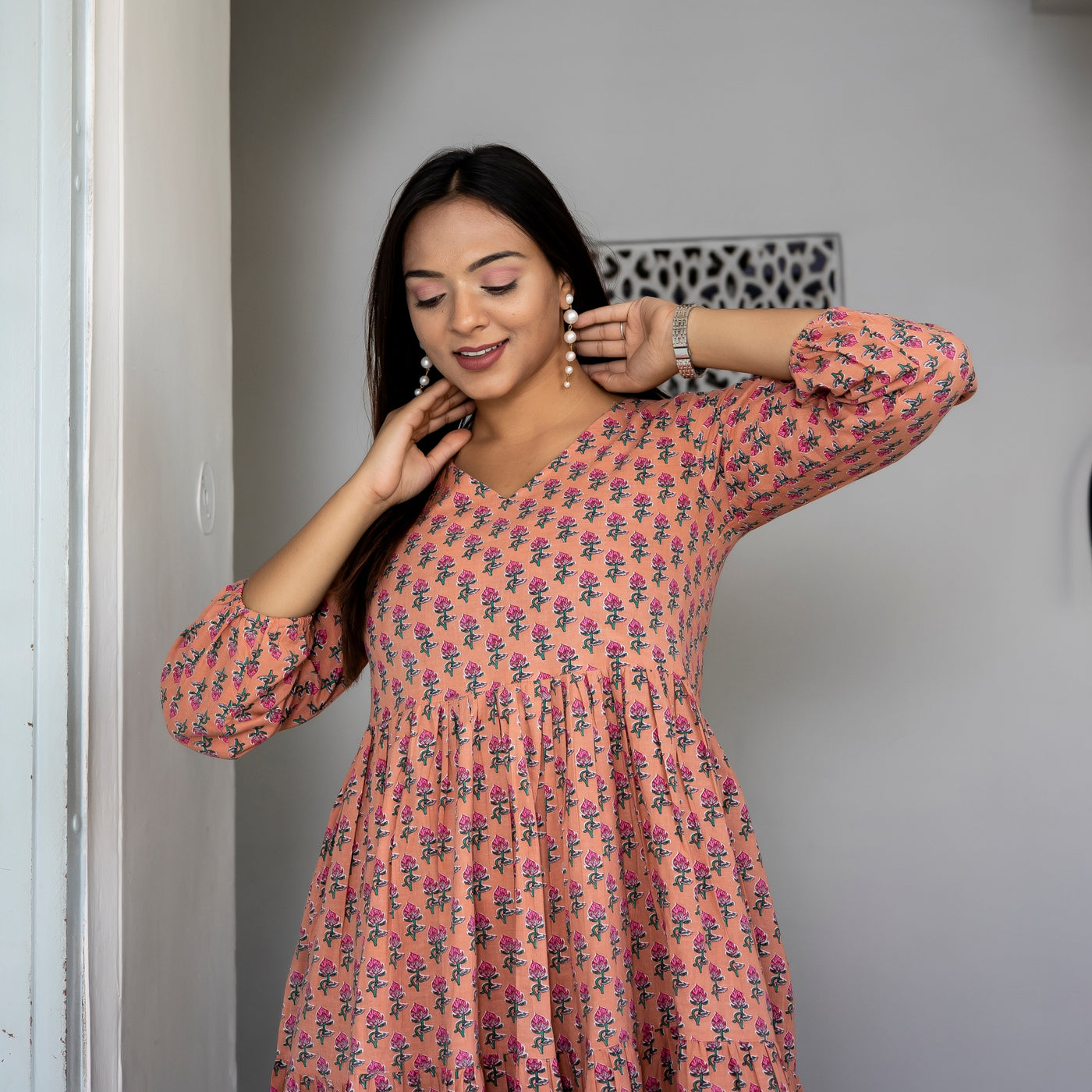 Peach Booti Tiered Cotton Dress with Pockets