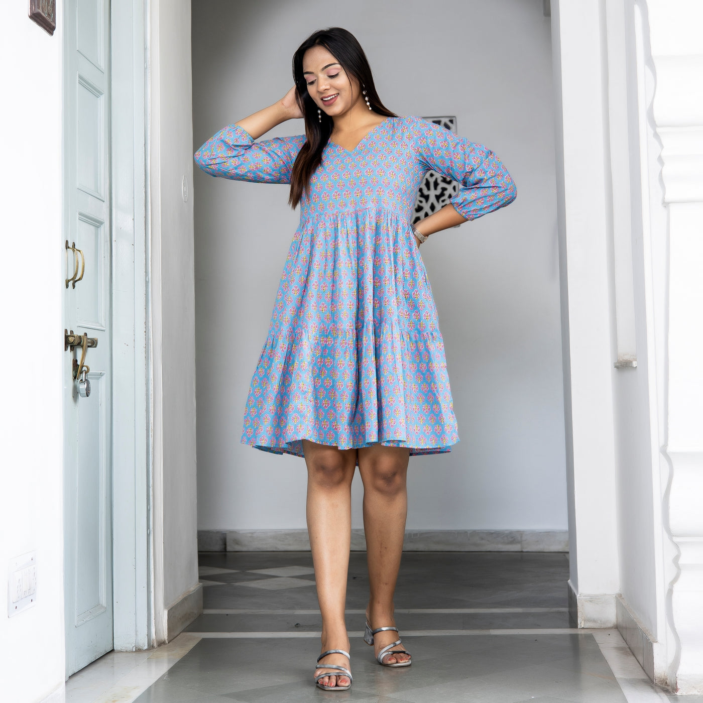 Sky Blue Booti Tiered Cotton Dress with Pockets
