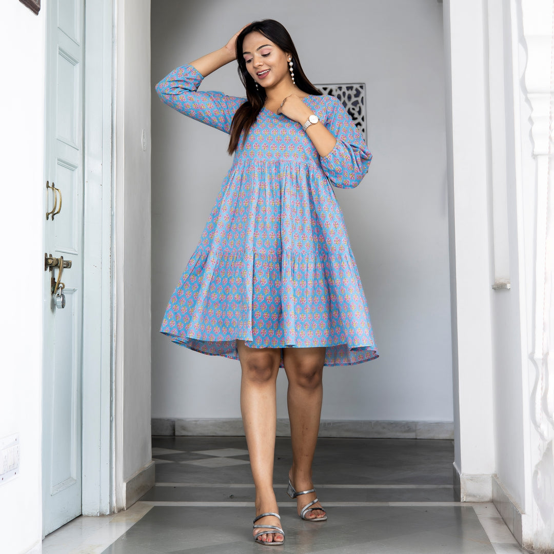 Sky Blue Booti Tiered Cotton Dress with Pockets