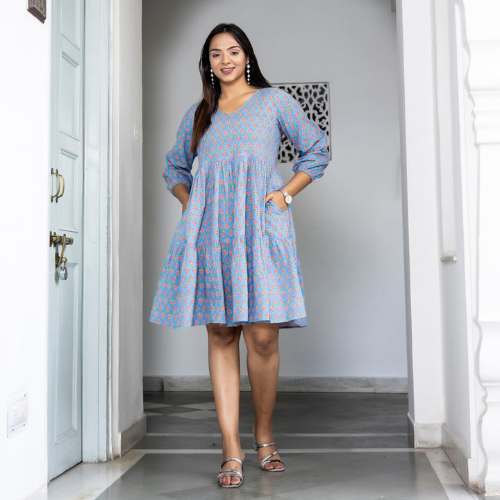 Sky Blue Booti Tiered Cotton Dress with Pockets