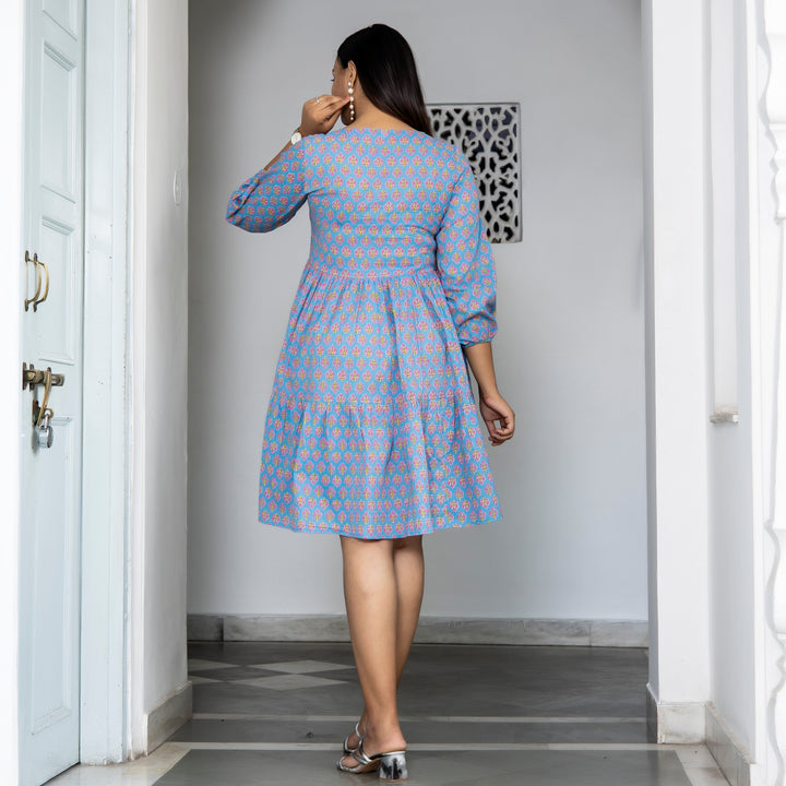Sky Blue Booti Tiered Cotton Dress with Pockets