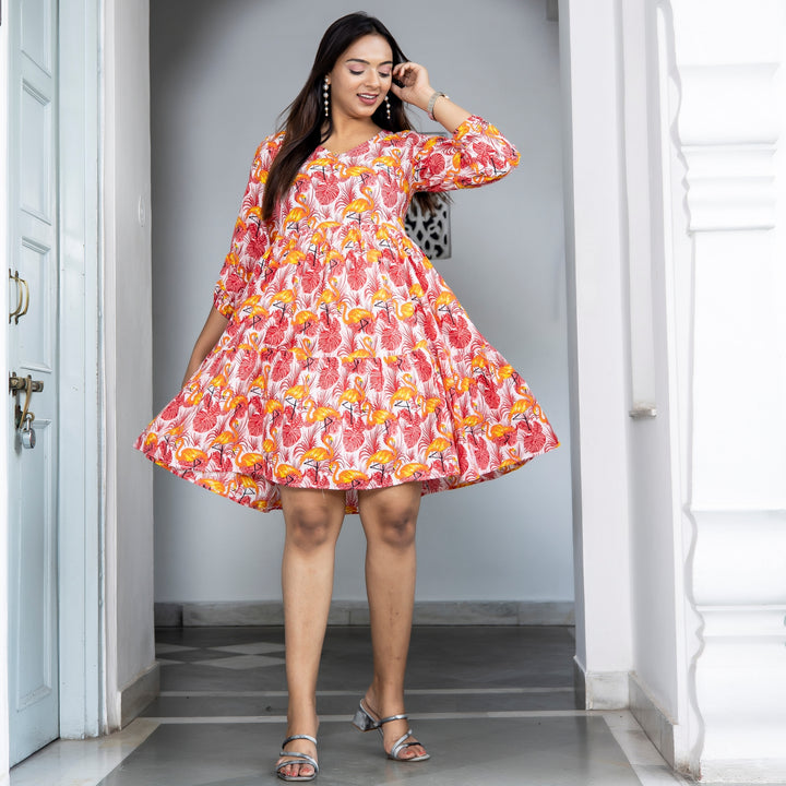 Orange Duck Print Tiered Cotton Dress with pockets