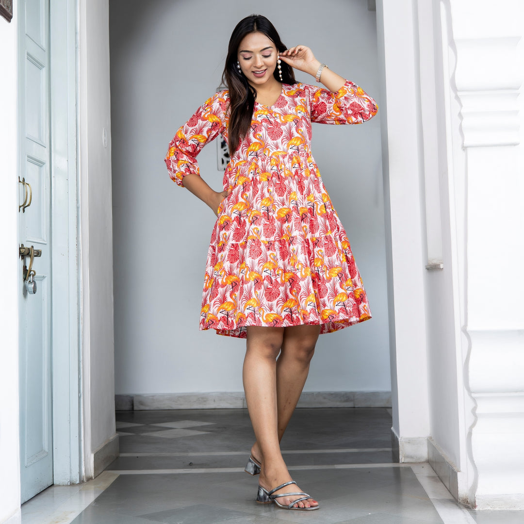 Orange Duck Print Tiered Cotton Dress with pockets