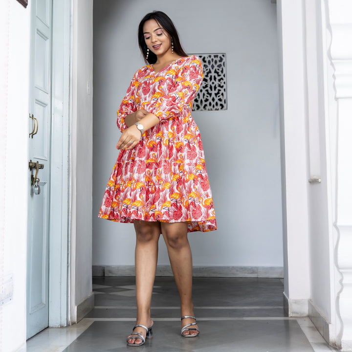 Orange Duck Print Tiered Cotton Dress with pockets