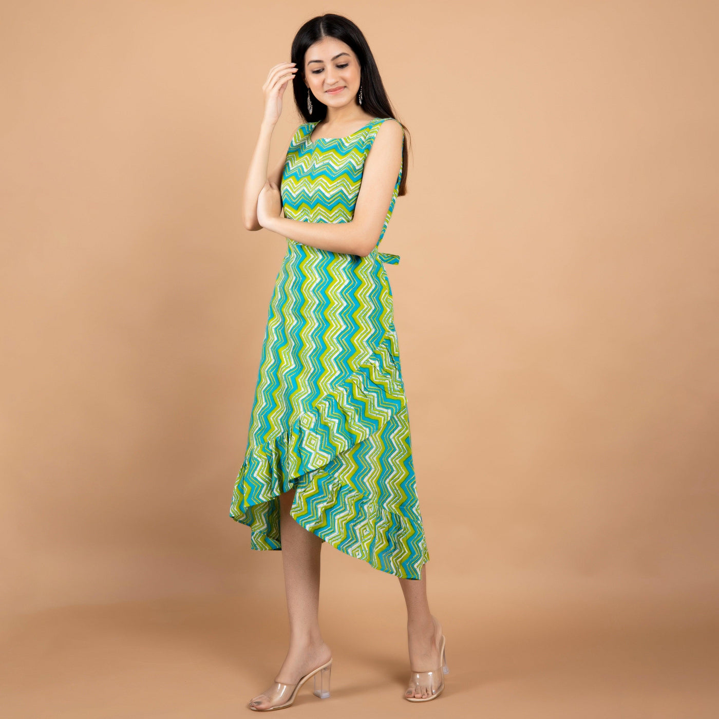 Green Leheria Frill Cotton Dress