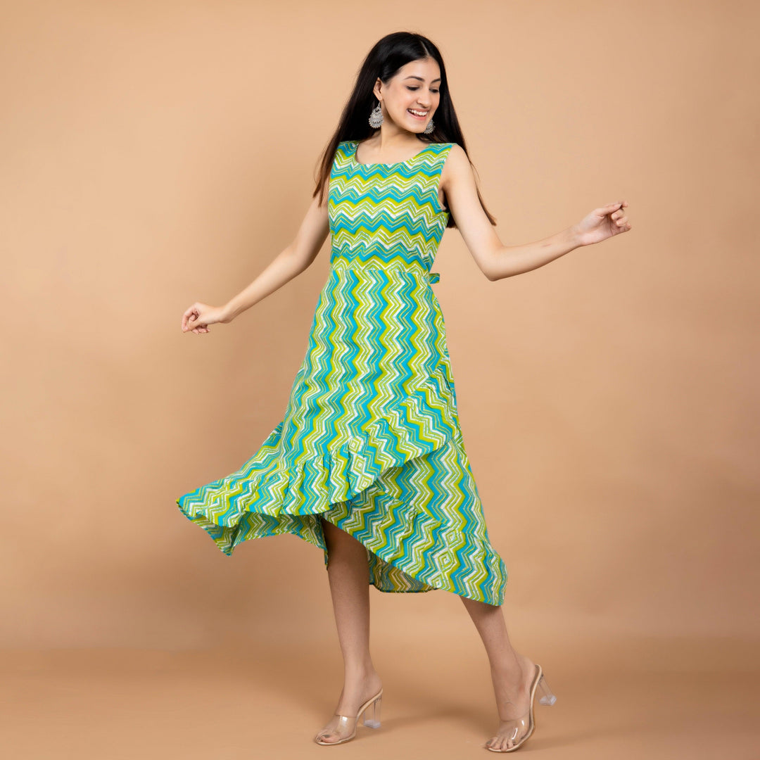 Green Leheria Frill Cotton Dress
