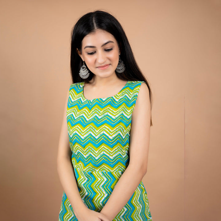 Green Leheria Frill Cotton Dress