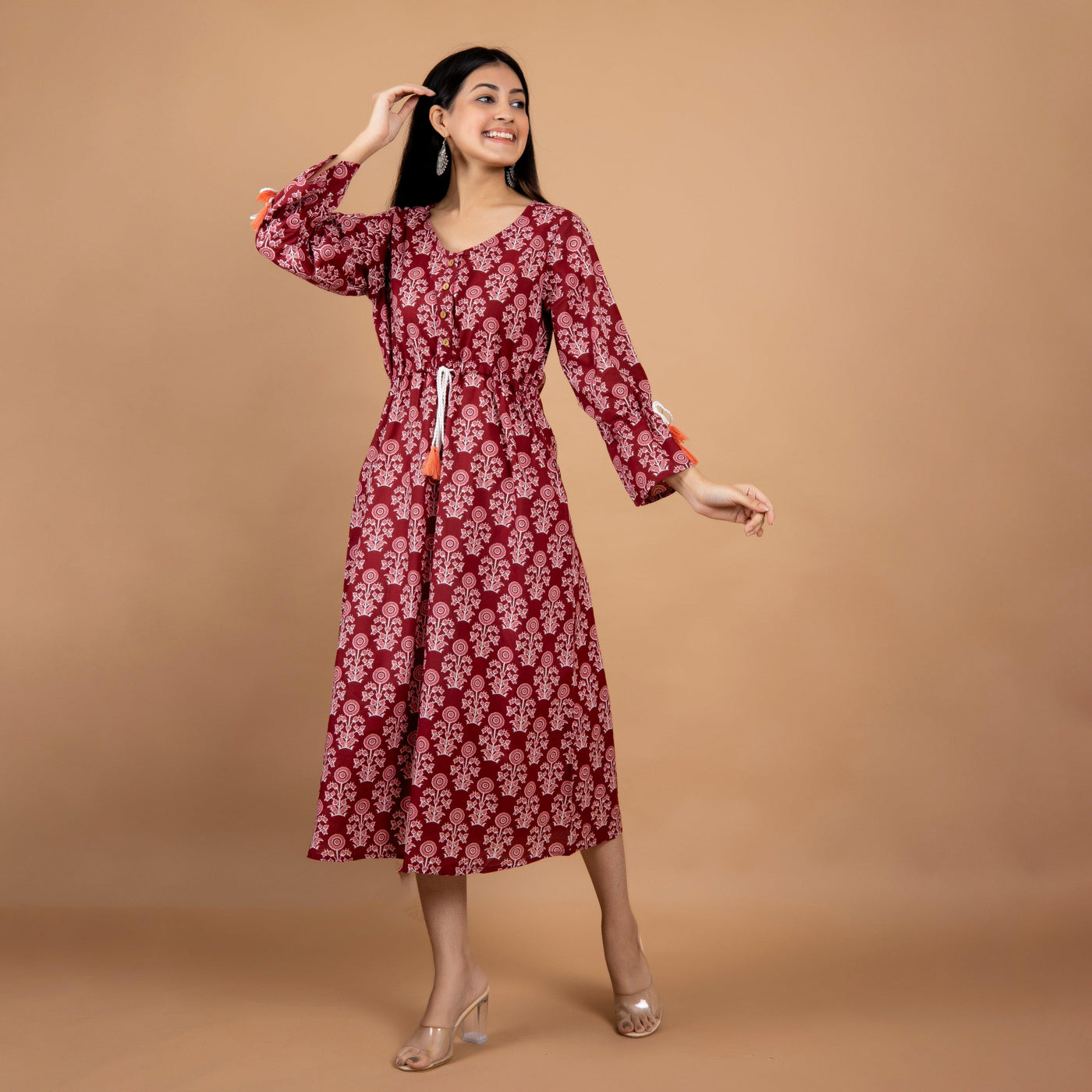 Maroon Flower A-Line Cotton Dress