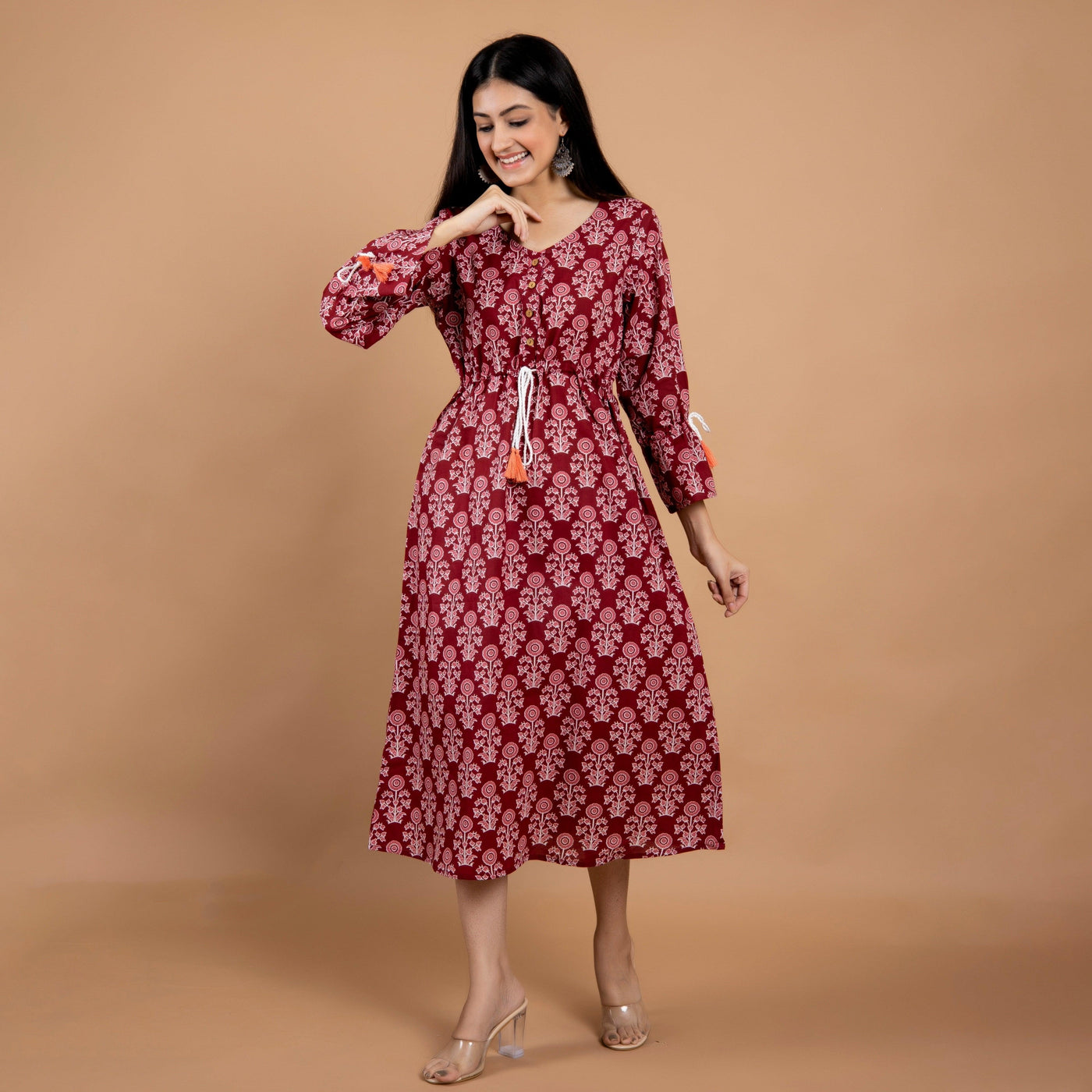 Maroon Flower A-Line Cotton Dress
