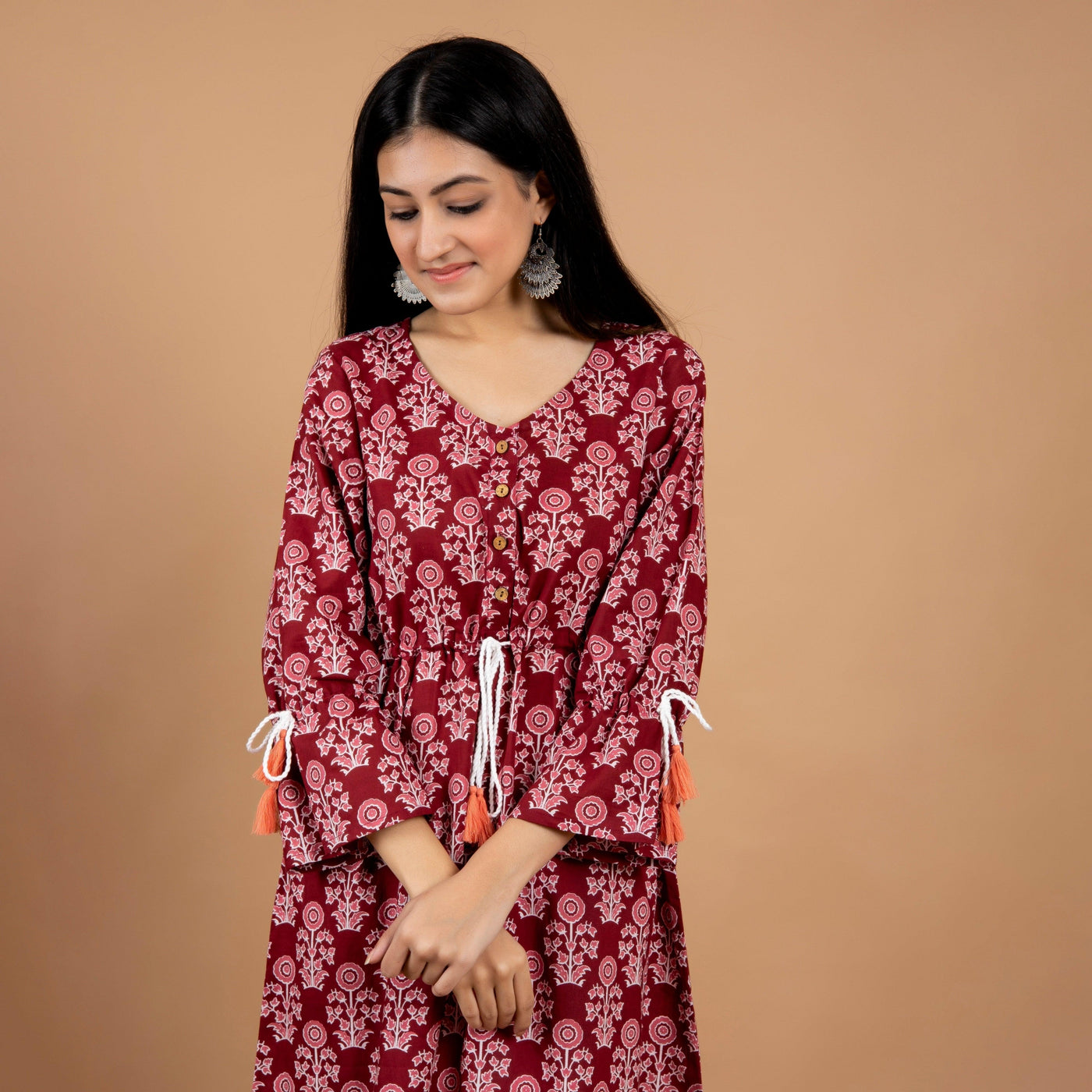 Maroon Flower A-Line Cotton Dress