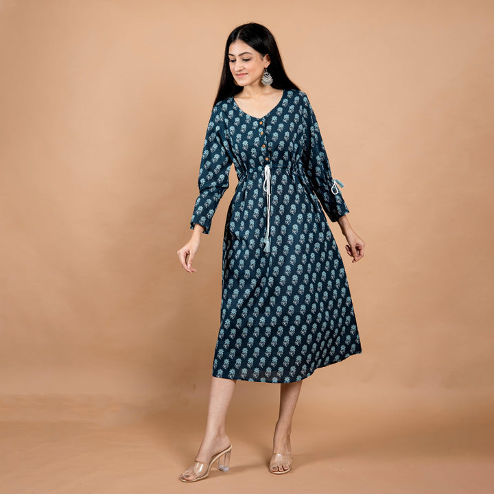 Teal Booti A-Line Cotton Dress