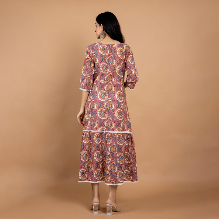 Onion Pink A-Line Lace Work Cotton Dress